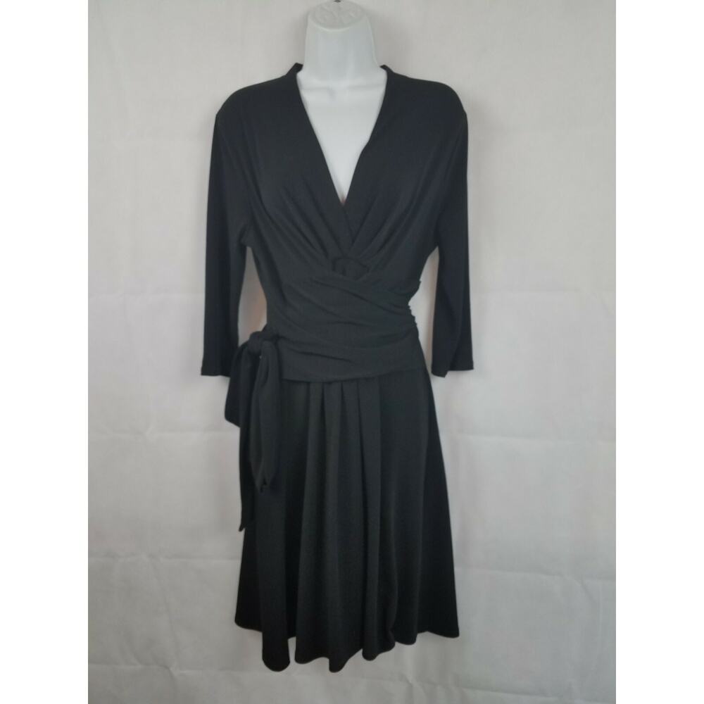 Antonio Melani Draped Ruched Blouson Shift Dress Slinky Surplice Black Sz M Med